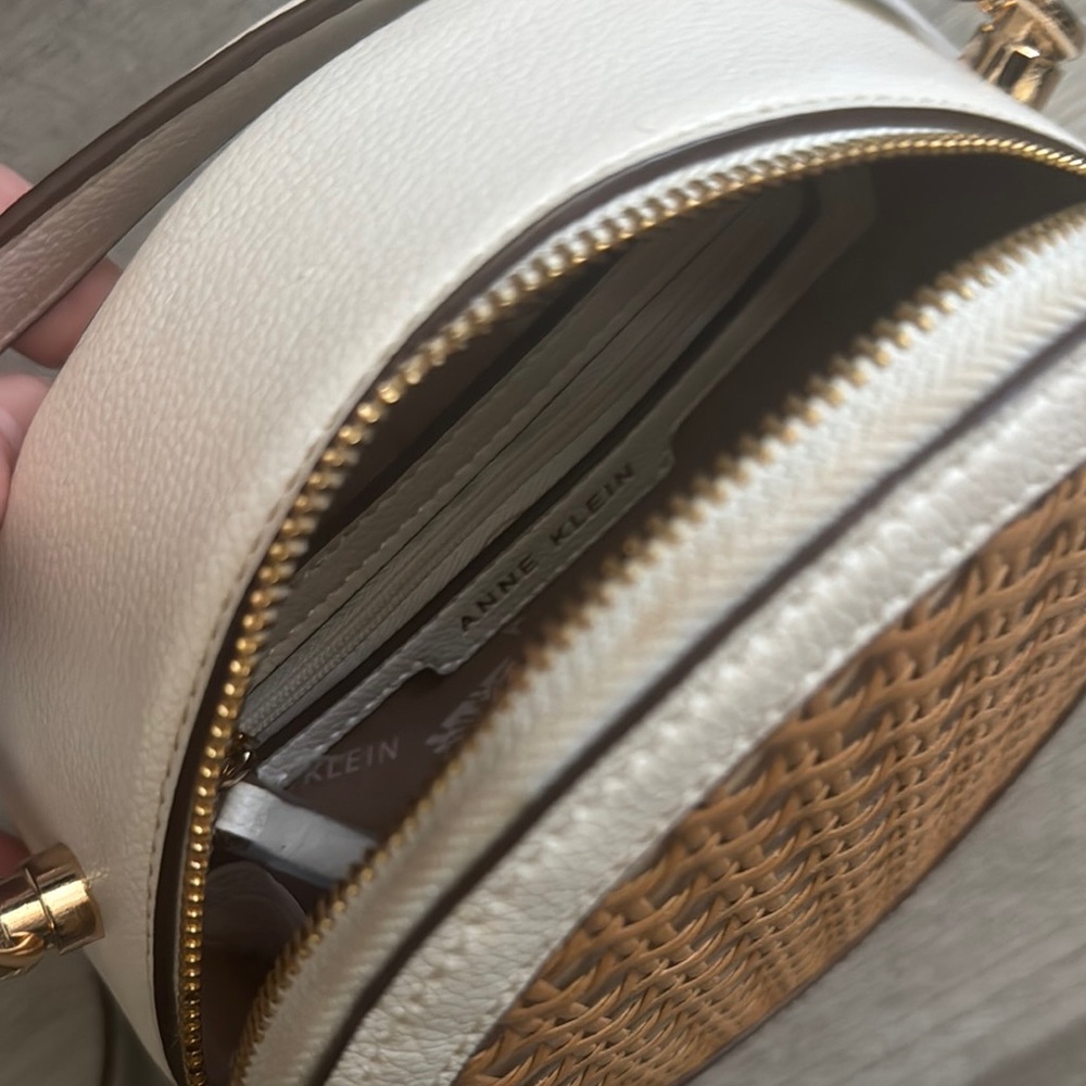 Anne Klein Leather Cream & Tan Woven Crossbody Bag with Top Handle - Picture 3 of 15
